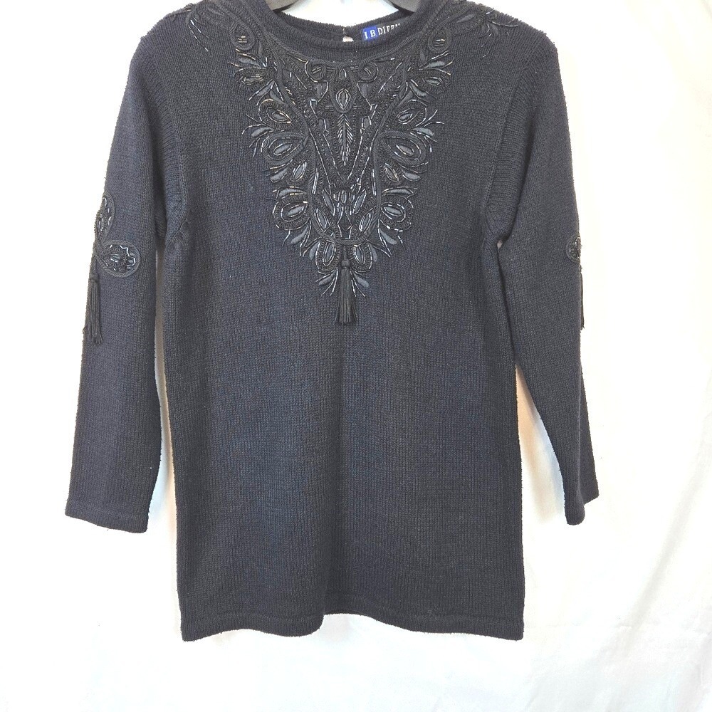 I.B. Diffusion Women's Black Beaded Embroidered Silk‎ Tunic Sweater XS Vintage